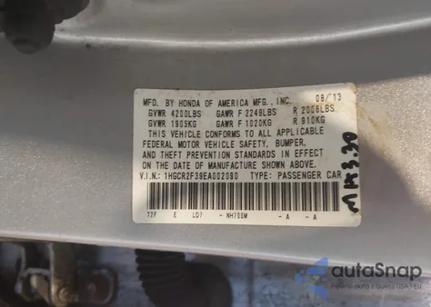 2014 Honda Accord Lx из США, поврежденный, VIN 1HGCR2F39EA002090